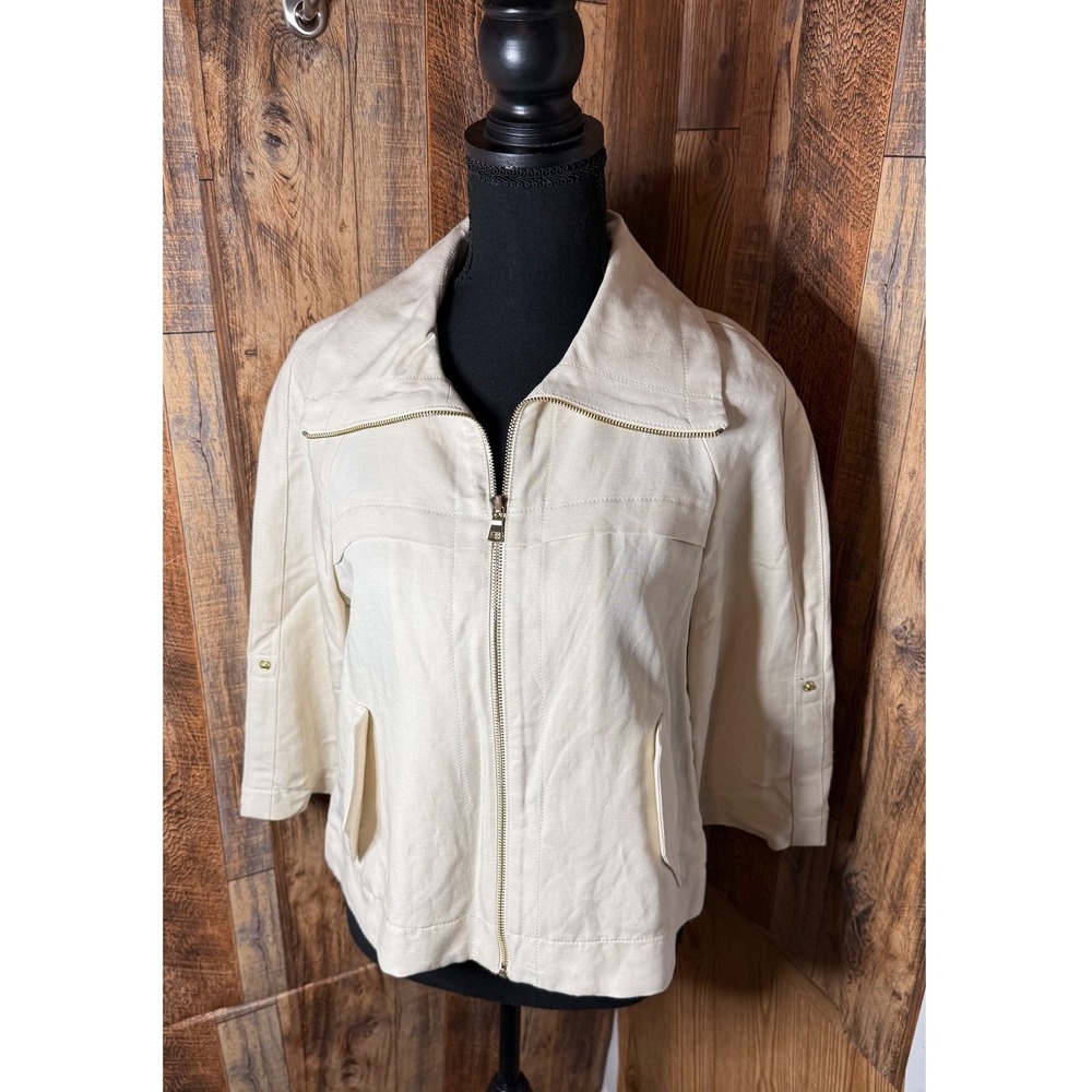 Ann Taylor Petite Beige Linen Blend Cropped Zip Up Jacket Women Size 6P